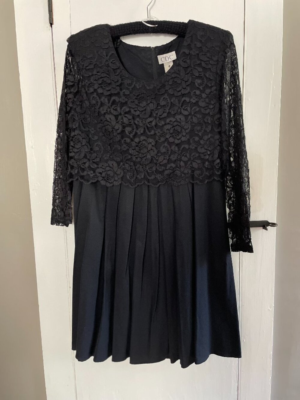 Vintage Little Black Dress Sheer Lace Long Sleeve Bodice Pleated Underdress